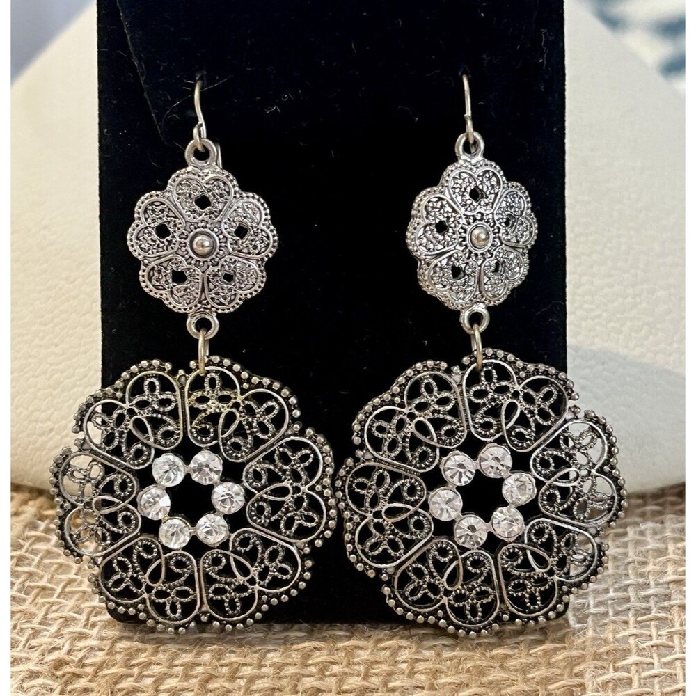 Vintage Silver Tone Floral Rhinestone Drop Earrings Boho